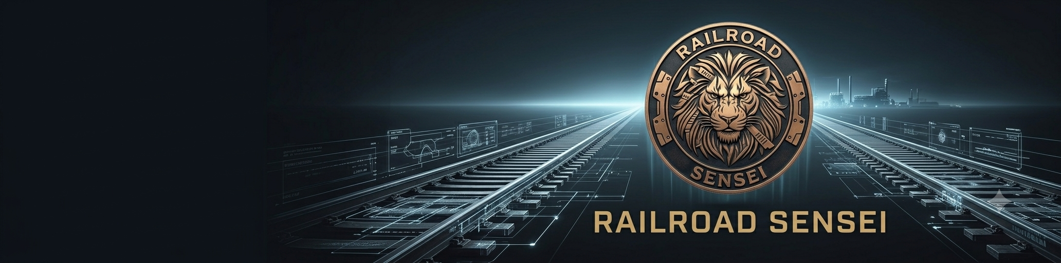 RailroadSensei lion emblem over a digitally instrumented freight rail corridor